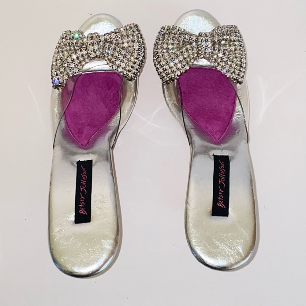 Vintage Betsey Johnson Polly Mules Rhinestone Bow Wood Heel Pin Up - Picture 5 of 14